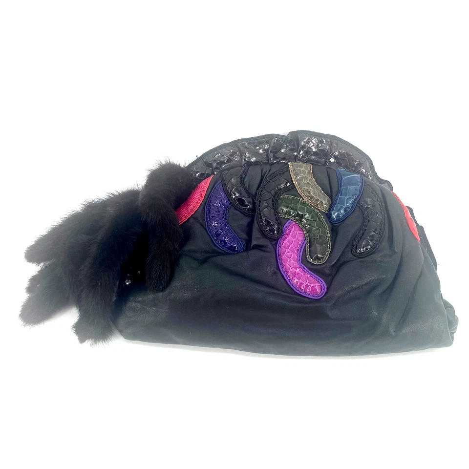 Vintage 80s Rita Diana Mylinka Black Leather w/Fur Accent Clamshell Crossbody - Image 2 of 4