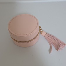 Pink Faux Leather Round Travel Jewelry Case Zip-Around Tassel Organizer