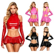 Womens Glossy Leather Party Clubwear Wet Look Crop Tops and Miniskirt For Party