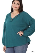 NEW WITH TAG Zenana Plus 3x Brushed Waffle V-neck Button Accent Long Sleeve Top