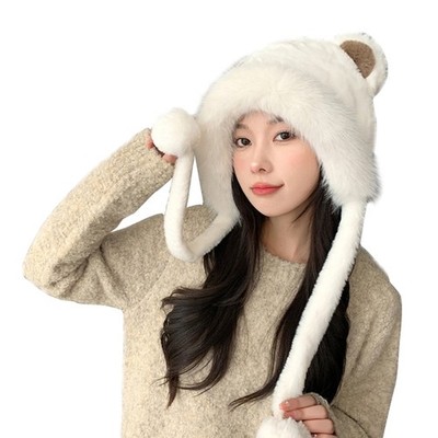 Adult Teens Plush Bear Ear Shape Hat Winter Skiing Windproof Thicken Beanie