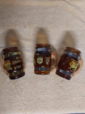 Vintage Braunglas Holzgriff Souvenir Becher X3 (Irland, Wales, Stern betrunken)