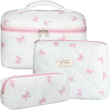 Quilted Makeup Bag Set, 3Pcs Large Checkered Corduroy Cosmetic Bags, Cutefloral