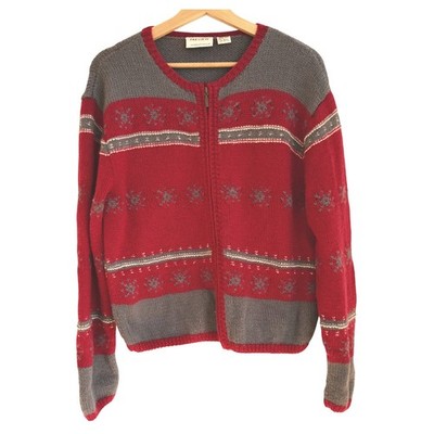 VTG Preview International Wool Snowflake Cardigan L Red Gray Zip Ski Lodge Retro
