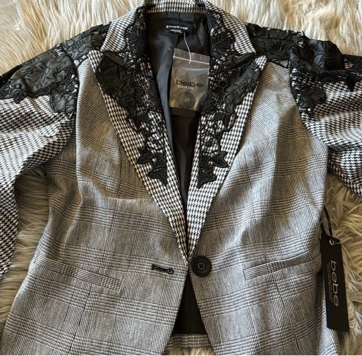 Новый с Ярлыками Bebe Drita Houndstooth кружева Blazer размер 2 $229 розничной - Изображение 3 из 4