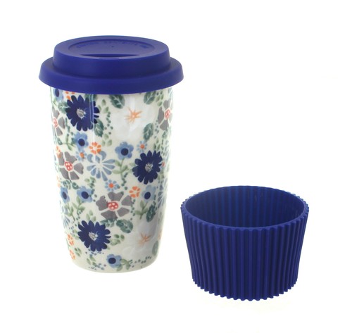 Taza de café de viaje de carnaval de cerámica polaca rosa azul