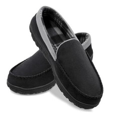 Mens Slippers Microsuede Moccasin Memory Foam House Shoes 9 Black Grey