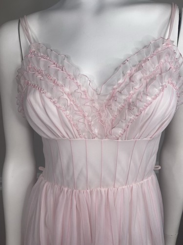 Vtg Tempo Ruffle Trim Chiffon Lingerie 32” Nightgown pink double layer