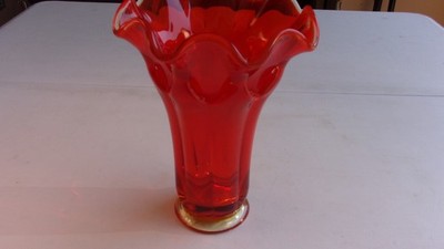 VTG MCM 1966 Viking Glass Persimmon Orange Double Layered Edge Swung Vase