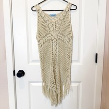 Womens Handmade Crochet Beachy Cover Up Dress Medium Boho Festival Tassel Coast