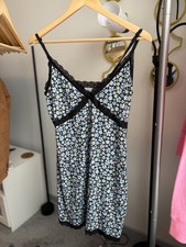 Ladies Babydoll Large Blue Floral Slip Dress / Nightgown with Black Lace Trim