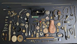 Vtg Junk Drawer Lot Coins Jewelry Tokens Medals Knives Sterling more