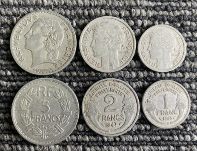 France 3 Coins Set 1, 2, and 5 Francs WWII Era Coins Circulated Random Year