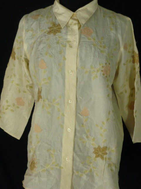 Coldwater Creek Cream Crinkly Silk Shirt Blouse M Pink Taupe Embroidery Floral | eBay