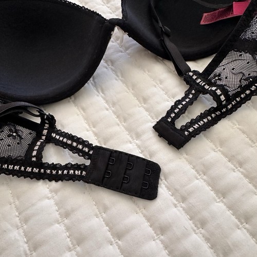 Betsey Johnson Lined Bra 34C Underwire Black Lace & Mesh With White Ribbon - Picture 9 of 11