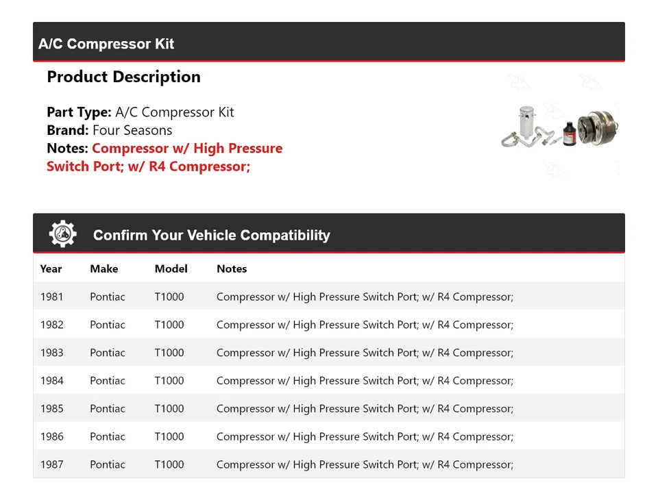 Kit compresor aire acondicionado Pontiac T1000 1981-1987 4 estaciones 1982 1983 1984 1985 Foto 2 de 4