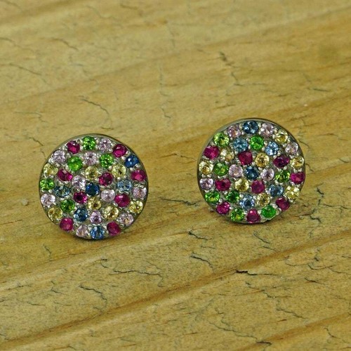 Round Shape Studs Natural Multi Stone 925 Sterling Silver Tiny Stud