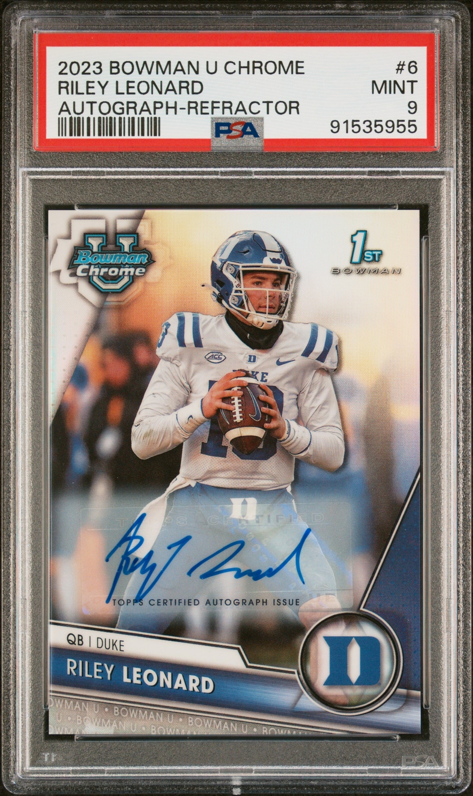 Riley Leonard 2023 Bowman University Chrome #6 Refractor Auto /499 PSA 9