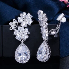 White No Hole Designer CZ Flower Drop Clip On Earrings Non Piercing for Women
