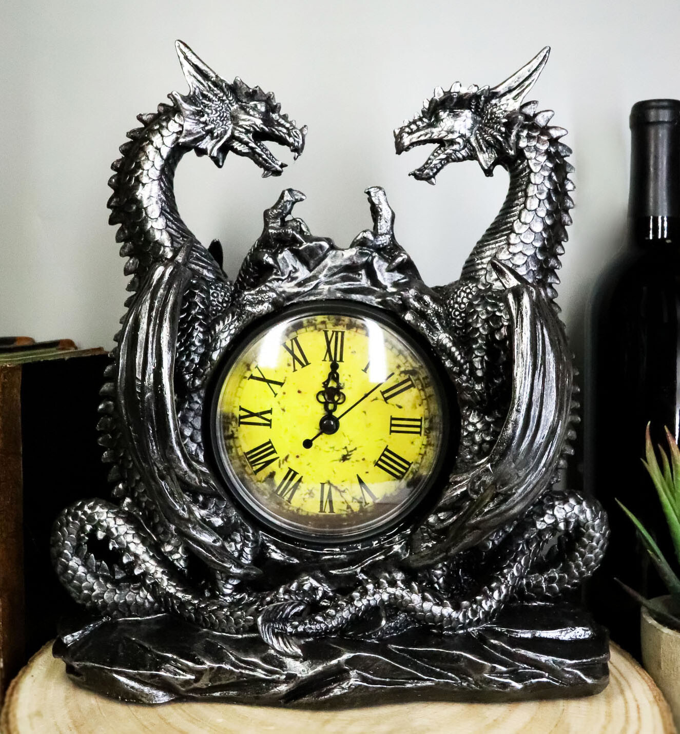 Gothic Twin Dragons Table Clock Statue With Roman Numerals In Metallic Look 11