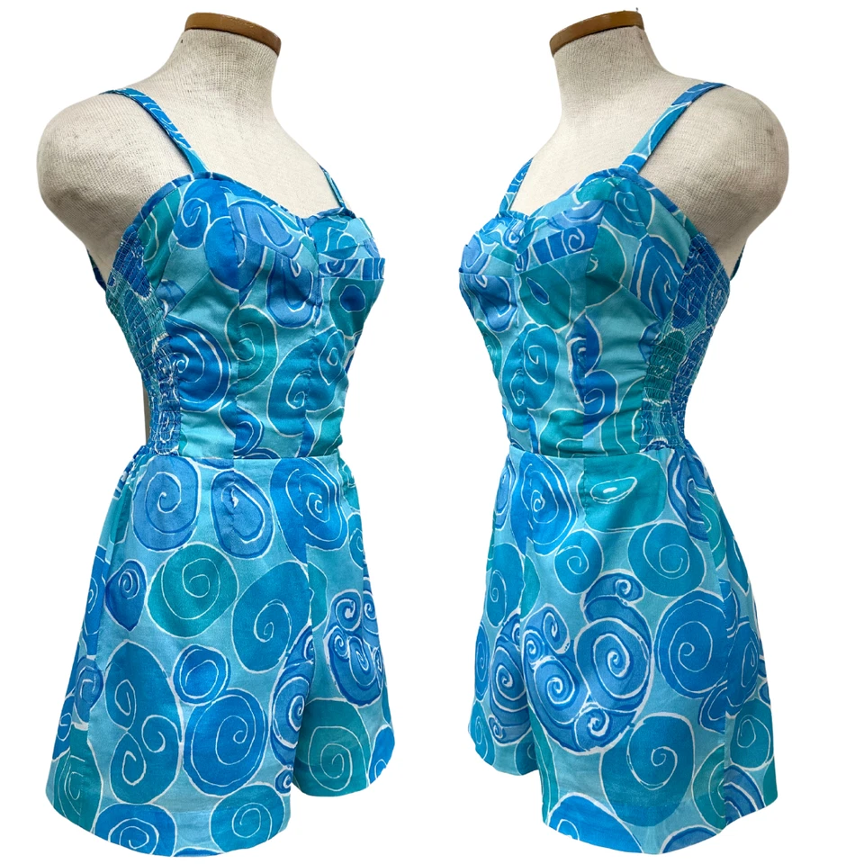 Vintage 1950s Kahala Blue Swirl Motif Playsuit/Romper with Adjustable Straps - Image 2 of 4