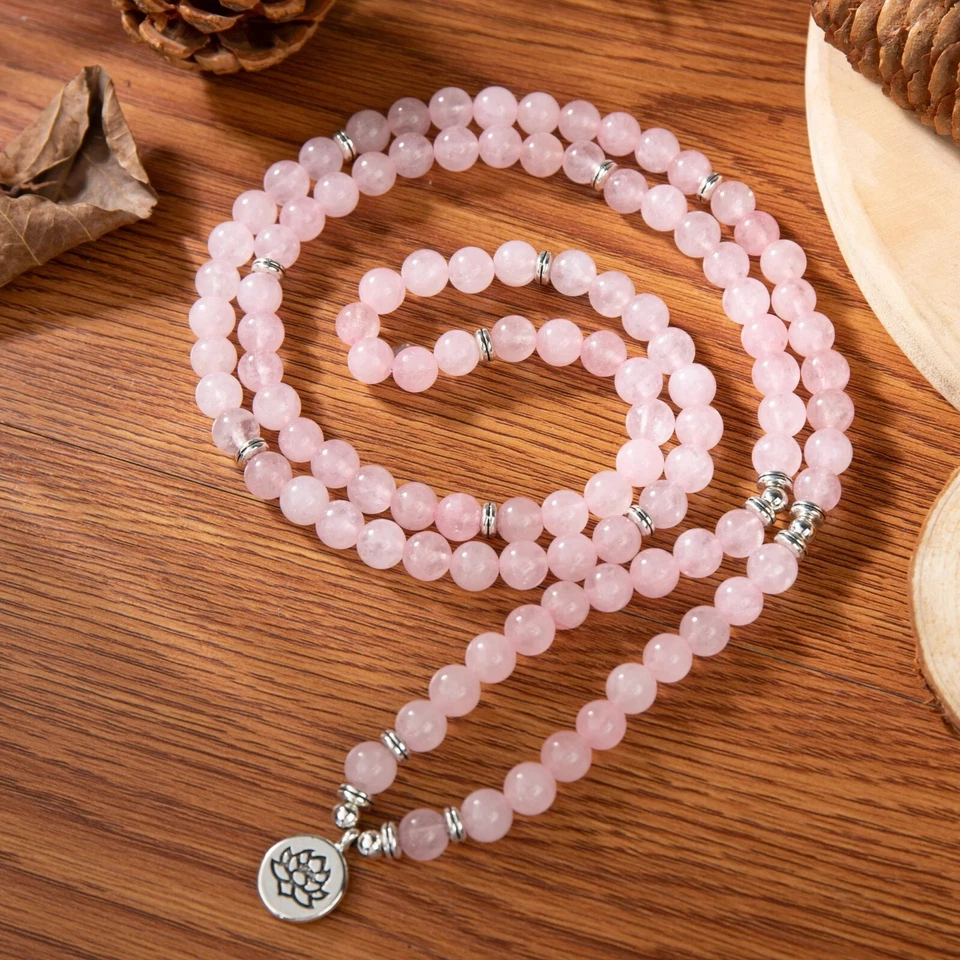 Natural 108 Mala 8 mm Beads Prayer Rose Quartz Healing Women Necklace Bracelet - Image 4 of 4