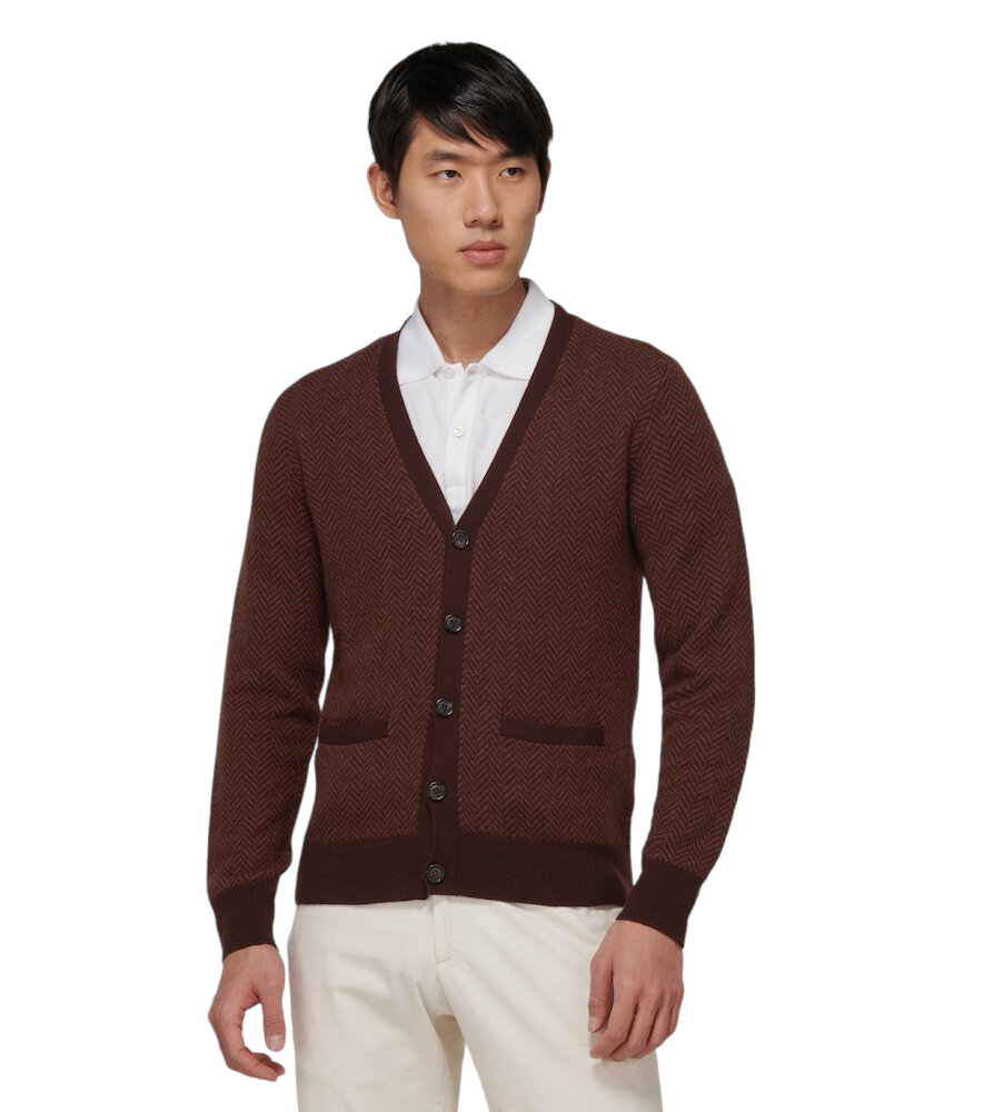 Ralph Lauren Purple Label Brown Herringbone Cashmere Cardigan