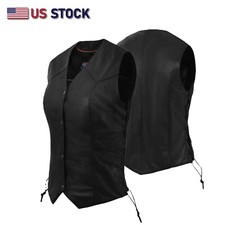 Classic Genuine Cowhide Leather Motorcycle Vest with Side Lace   Female Rider
