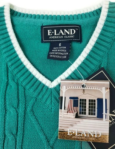 E. Land Sweater Vest Boys 6 Green V-Neck Cable Knit Cotton American Classic New - Picture 6 of 6