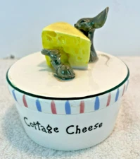 Vintage MCM COTTAGE CHEESE Ceramic W Lid Container Crock Kitschy Mice and Cheese