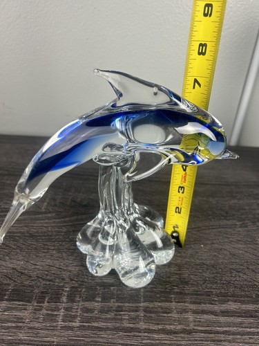 Kunstglas kobaltblauer Delfin auf klarer Welle Figur Murano-Stil groß schwer - Bild 6 von 9