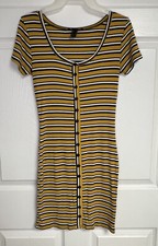 Forever 21 Mustard Yellow Black Stripe Dress Faux Button Ribbed Knit 90s Y2K