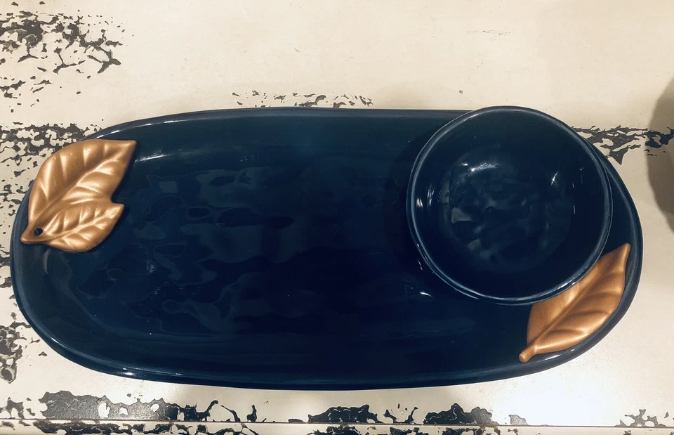* New* Grasslands Road Serving Tray W/ Dip Bowl Dark Blue Copper Leaves 13” - Image 3 of 4