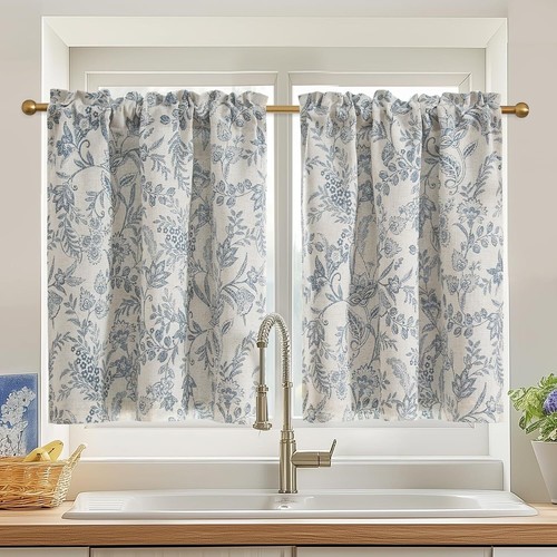 Tier Linen Farmhouse Floral Green Cafe Curtains 24 Inch Length Small Rustic Coun - Picture 10 of 24