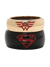New Dc Comics Black & Gold Superman Wonder Woman Superhero His Hers Ring 2pc Set