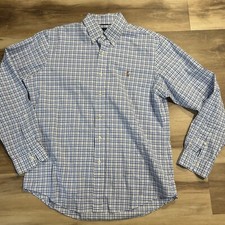 Ralph Lauren Shirt Mens Large Slim Blue Plaid Button Down 100 Cotton Stretch