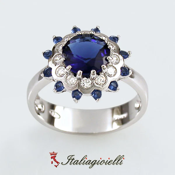 Regale Anello Brillante con Zaffiri in Argento 925 Rodiato Oro Bianco - Immagine 3 di 4