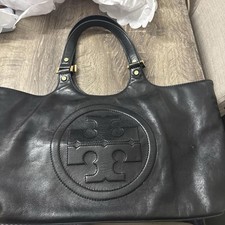 Y2K Tory Burch Black Logo Tote Bag Zip Top Gold Hardware Double Handles Beige