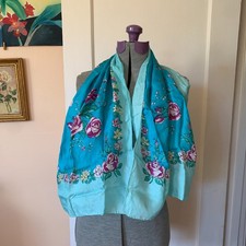 VTG 40 50s Silk Neck Scarf Hand Rolled Blue Turquoise Floral Purple Roses 17x46"