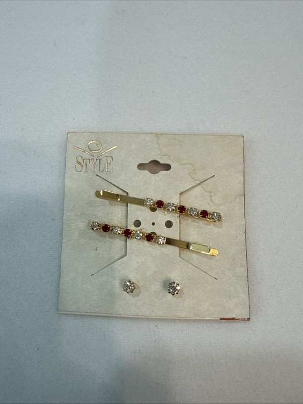 Red&Clear Rhinestones Hair Pens Earrings On Card Too Cute Retro VTG 
