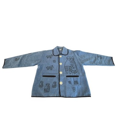 Crazy Cat Lady Blue Cotton Cat Print Button Front Jacket Nepal Womens L READ!!