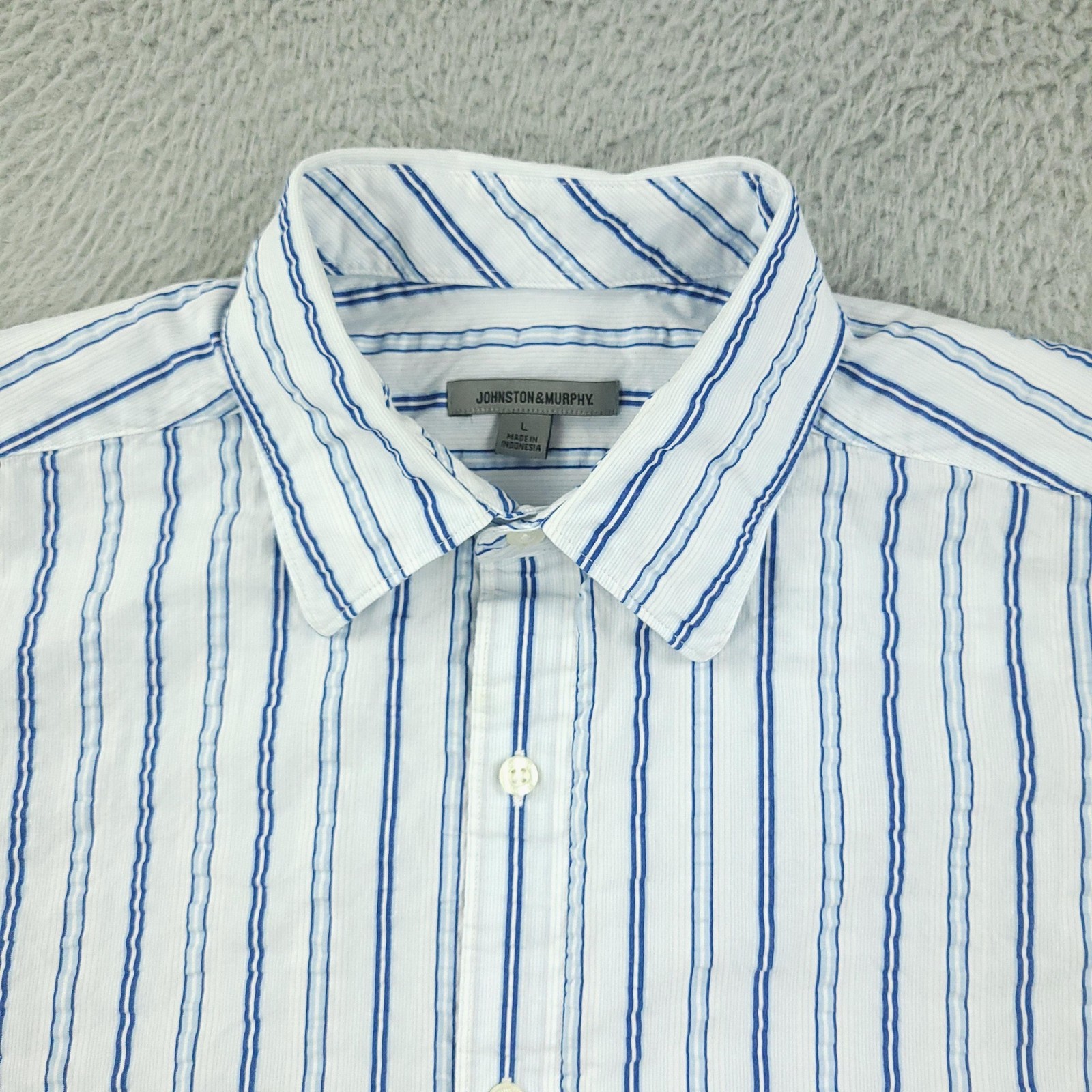 Johnston & Murphy Shirt Mens Large White Blue Stripe Short Sleeve Cotton Casual