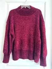 Chenille Chunky Knit Sweater Maroon Burgundy XL Cozy Cynthia Rowley Mockneck