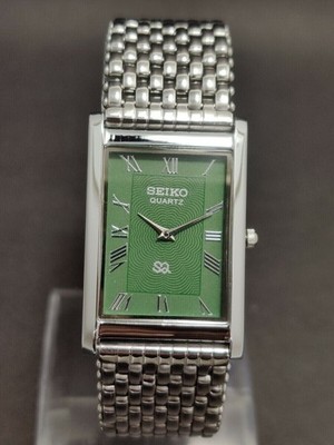 Vintage Seiko Slim Tank Quartz Men Green Dial Dress Watch-Free DDP Shipping