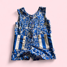 90s Justin Allen Size 4 Blue/White Floral Sleeveless Romper Cotton Blend