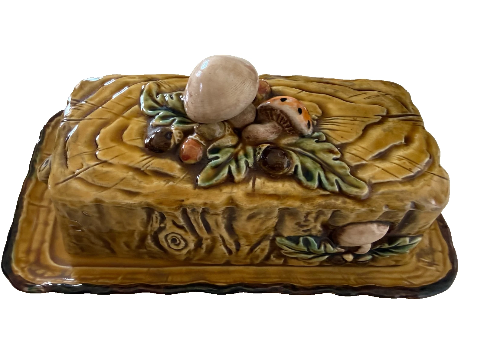 Lefton Mushroom Butter Dish Vintage Majolica Woodland Log Acorn Leaves Japan