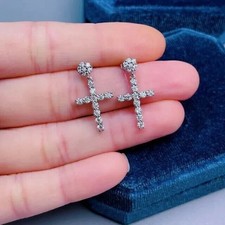 2Ct Real Moissanite Men Women Stunning Cross Stud Earrings 14K White Gold Plated