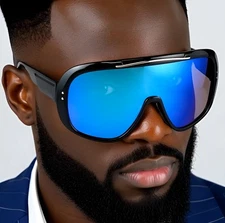 Trendy Sunglasses Cover Face UV400 Protection Blue Mirror Lens Out Side Shield