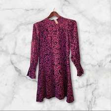 New LOFT Long Sleeve Dress Sz 6 Short Navy Pink Hearts Flare Smock Cuff Viscose