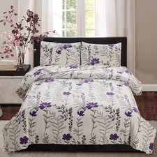 Vintage Grey Leaves Purple Floral Bedding Set - Queen Size Bedspread, Coverle...